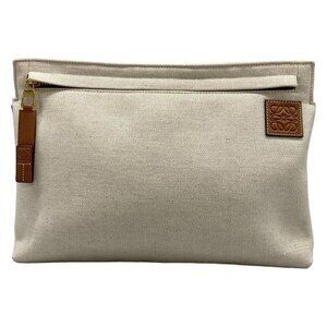 Auth LOEWE T Pouch Cream Brown Canvas Leather Clutch Bag